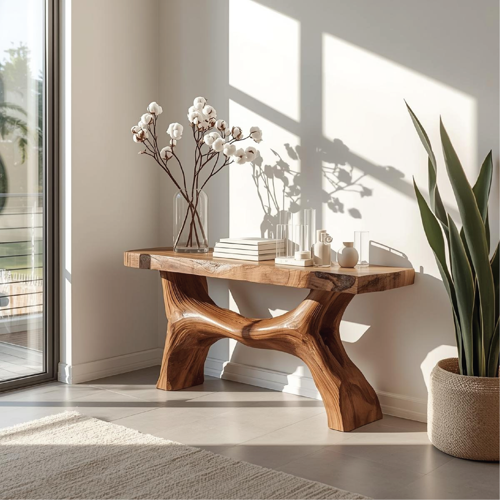 Handcrafted Solid Wood Console Table with Sculptural Base and Natural Live Edge Design - view 1 of 5