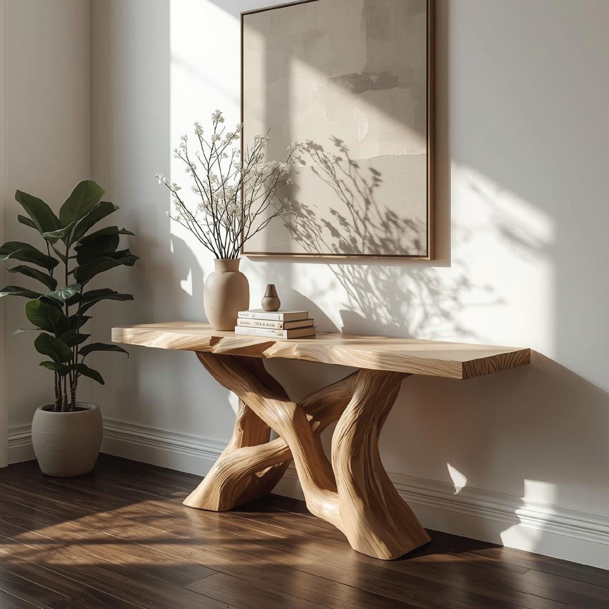 Handcrafted Solid Wood Console Table with Artistic Twisted Base and Natural Light Finish Design - view 1 of 5