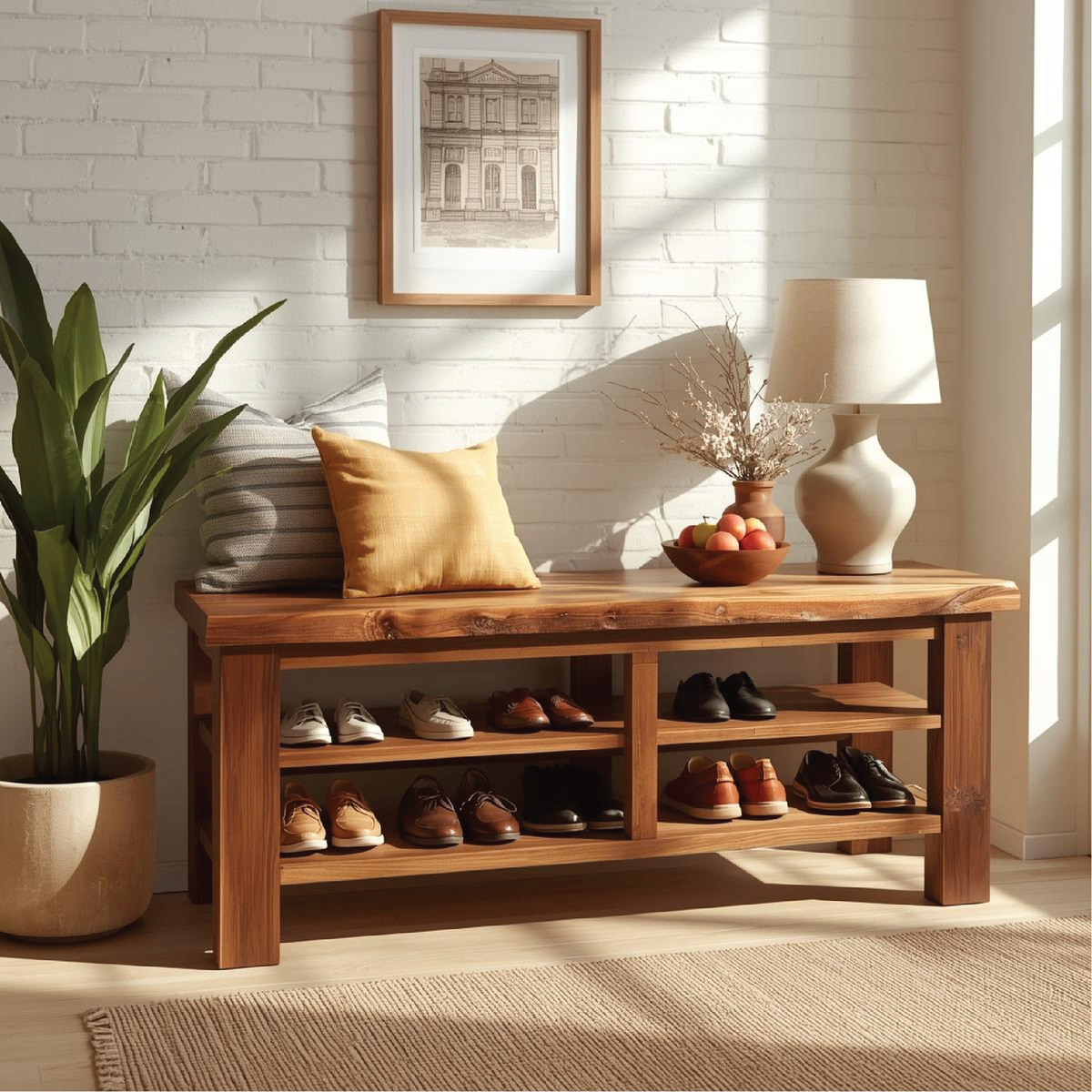 Handcrafted Solid Wood Entryway Bench with Live Edge Top and Multi-Tier Shoe Storage Shelves - view 1 of 5