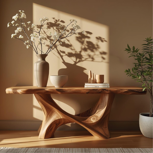 Handcrafted Solid Wood Console Table with Sculptural Organic Base and Live Edge Natural Finish - view 1 of 5
