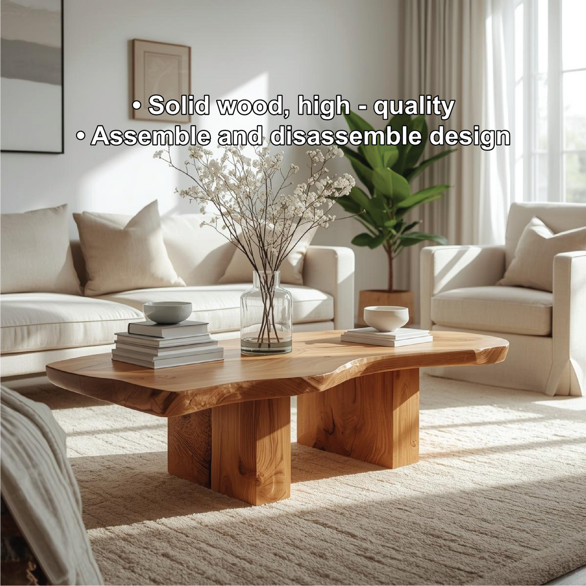 Handcrafted Solid Wood Coffee Table with Live Edge Design and Minimalist Block Base - view 3 of 5