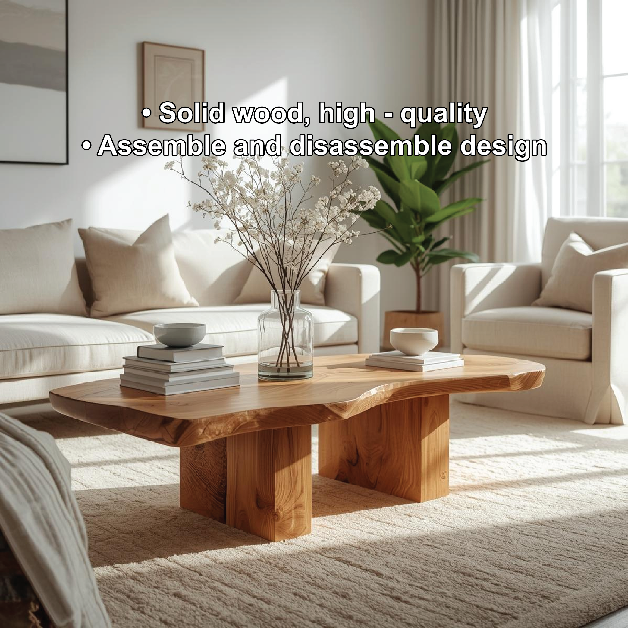 Handcrafted Solid Wood Coffee Table with Live Edge Design and Minimalist Block Base - view 3 of 5