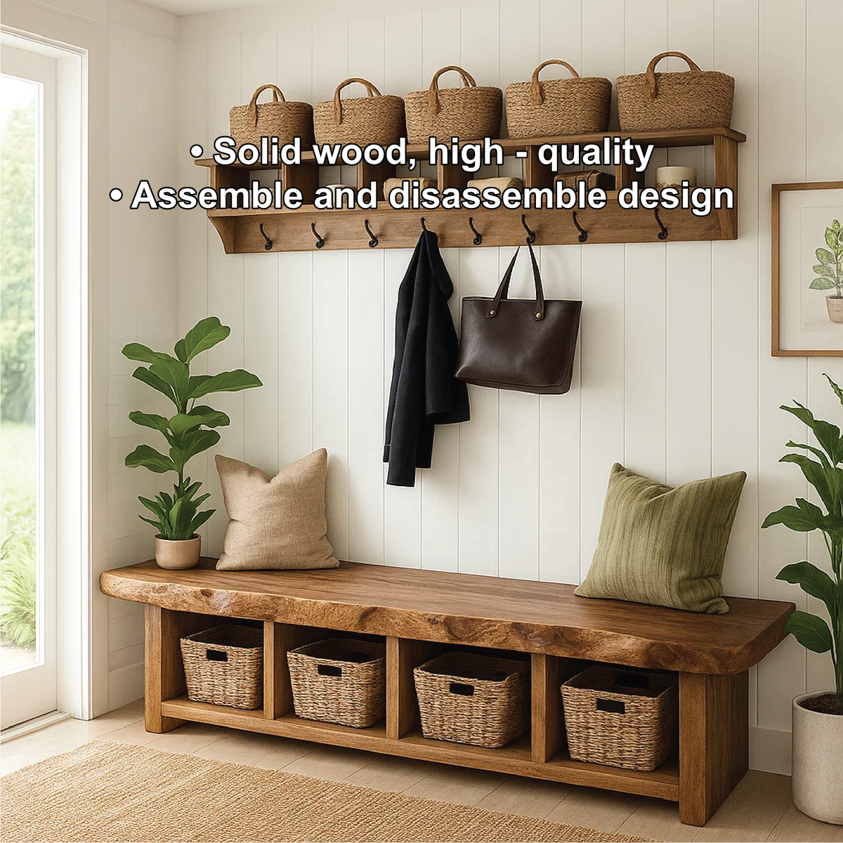 Solid Wood Entryway Bench with Storage Cubbies, Rustic Hallway Organizer Seat - view 4 of 7