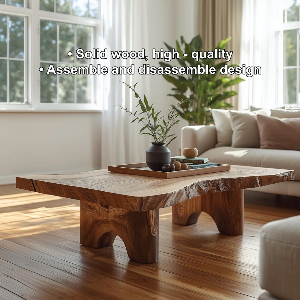 Handcrafted Solid Wood Coffee Table with Live Edge Top and Sculpted Block Legs Design - view 3 of 5
