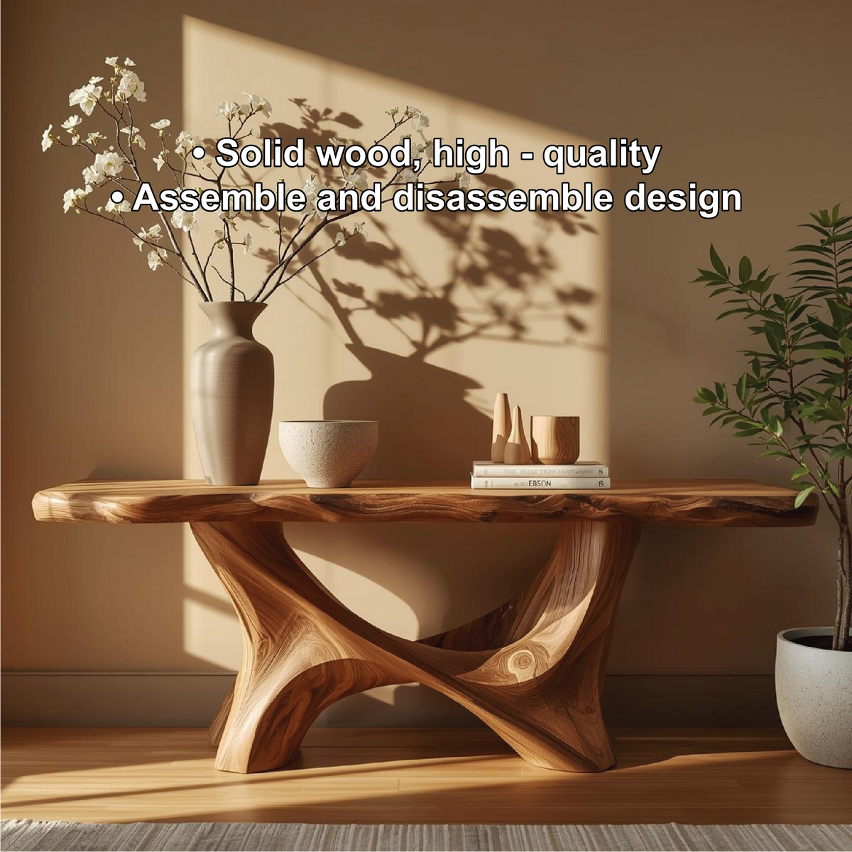Handcrafted Solid Wood Console Table with Sculptural Organic Base and Live Edge Natural Finish - view 3 of 5