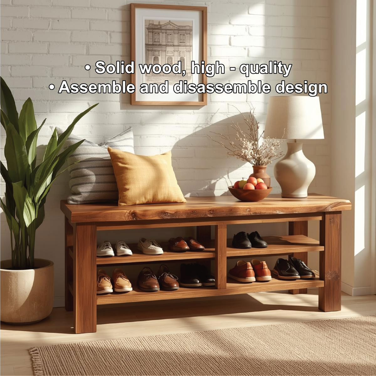 Handcrafted Solid Wood Entryway Bench with Live Edge Top and Multi-Tier Shoe Storage Shelves - view 3 of 5