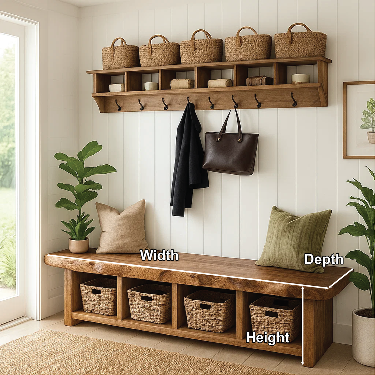 Solid Wood Entryway Bench with Storage Cubbies, Rustic Hallway Organizer Seat - view 5 of 7
