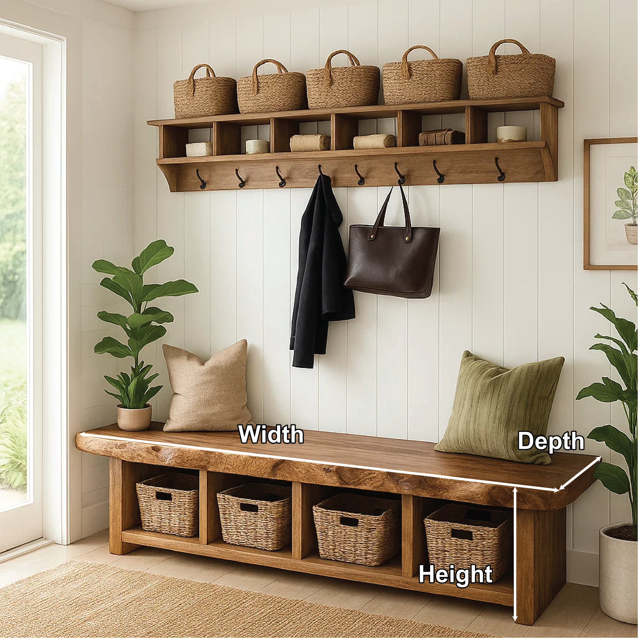 Solid Wood Entryway Bench with Storage Cubbies, Rustic Hallway Organizer Seat - view 5 of 7