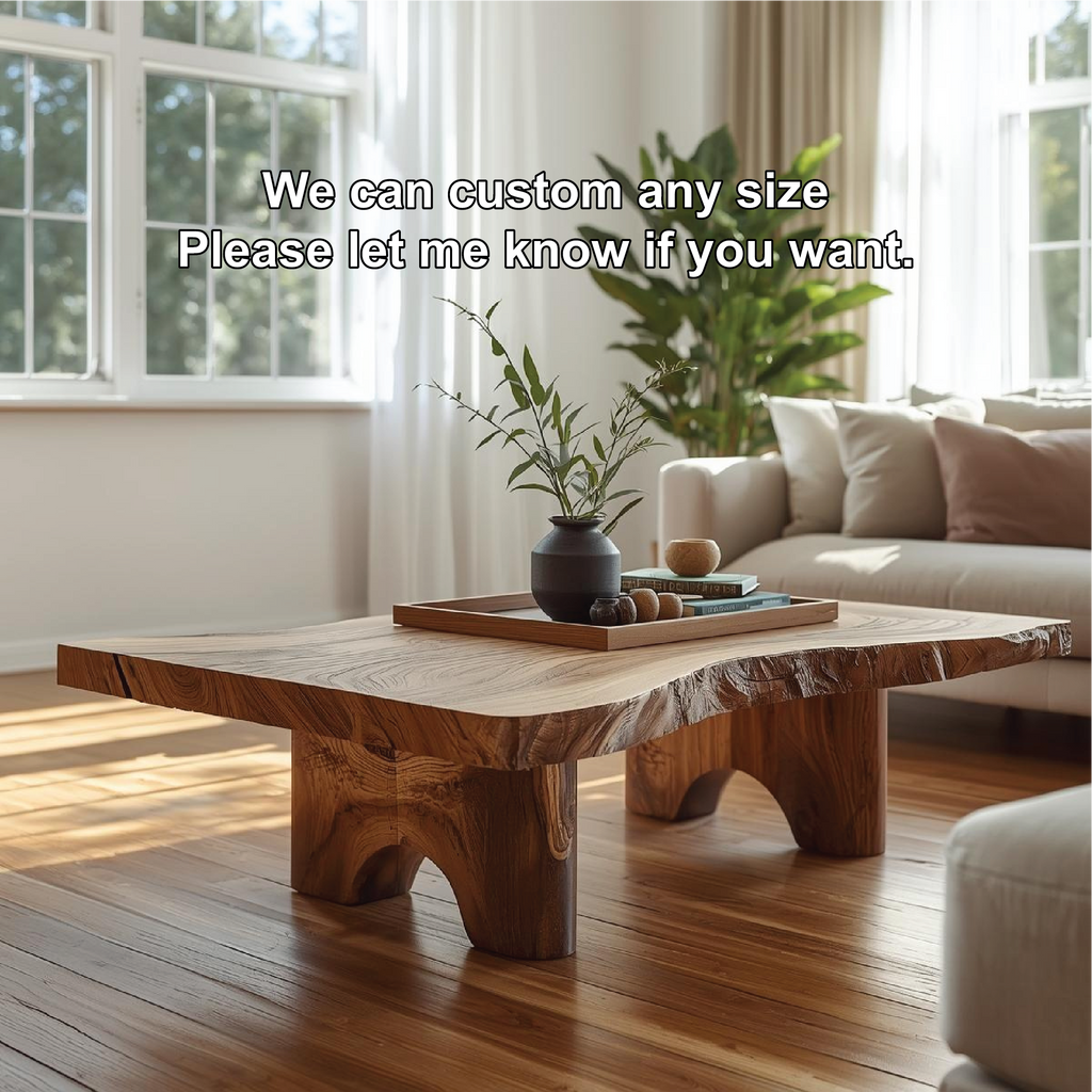Handcrafted Solid Wood Coffee Table with Live Edge Top and Sculpted Block Legs Design - view 4 of 5