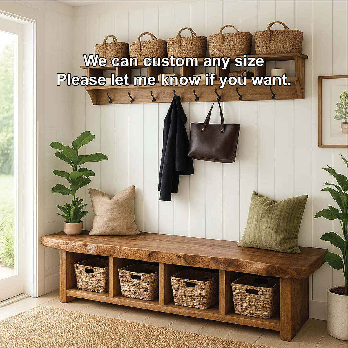 Solid Wood Entryway Bench with Storage Cubbies, Rustic Hallway Organizer Seat - view 7 of 7