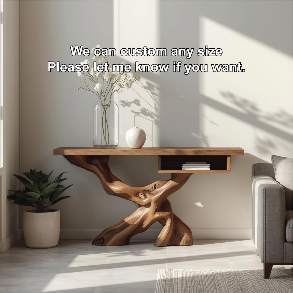 Handcrafted Solid Wood Console Table with Organic Tree-Root Base and Floating Shelf Design - view 4 of 5