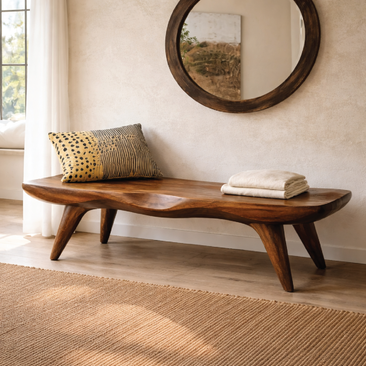 Live Edge Solid Wood Bench, Sculpted Rustic Entryway Hallway Seating - view 2 of 7