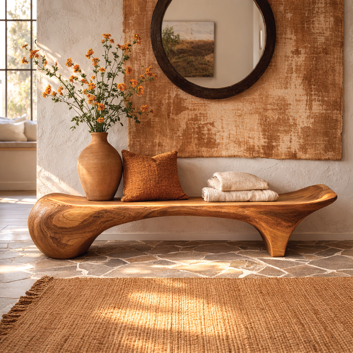Sculptural Solid Wood Bench, Organic Modern Entryway Statement Seat - view 2 of 7