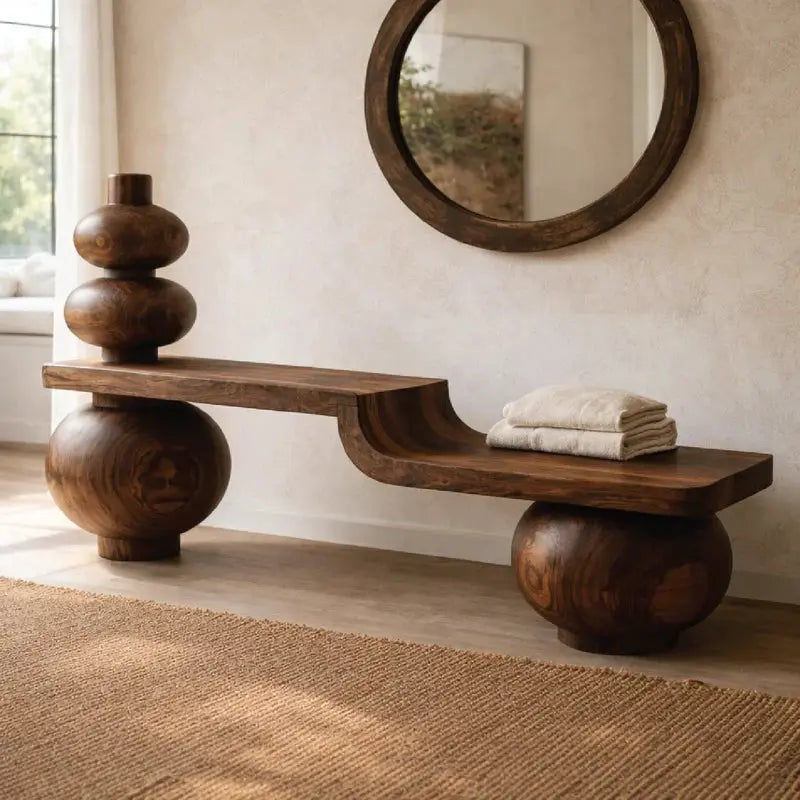 Sculptural Solid Wood Bench, Modern Artistic Entryway Statement Seating - view 6 of 7