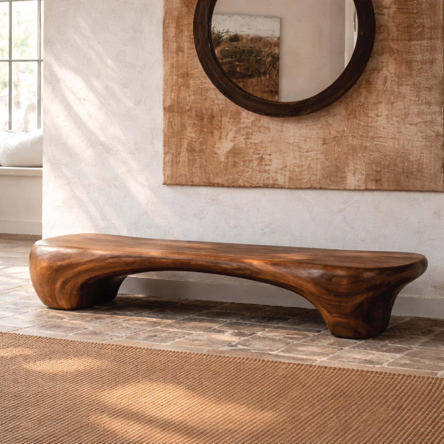 Organic Sculptural Solid Wood Bench, Modern Rustic Statement Seating - view 3 of 7