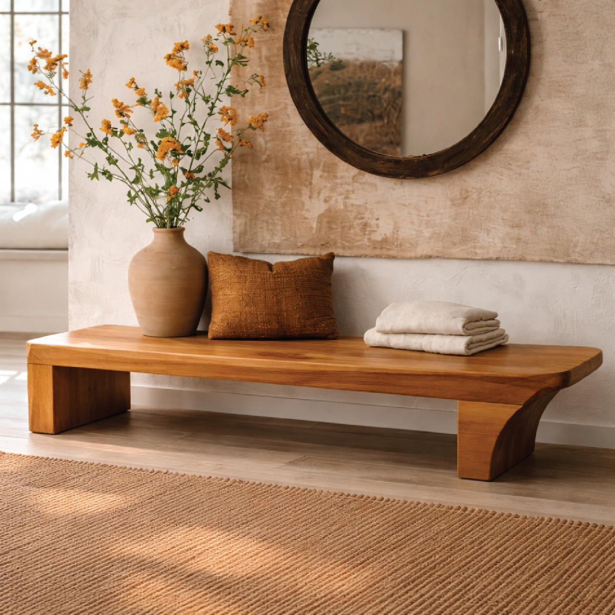 Solid Wood Low Profile Bench, Minimalist Modern Entryway Seating - view 2 of 7