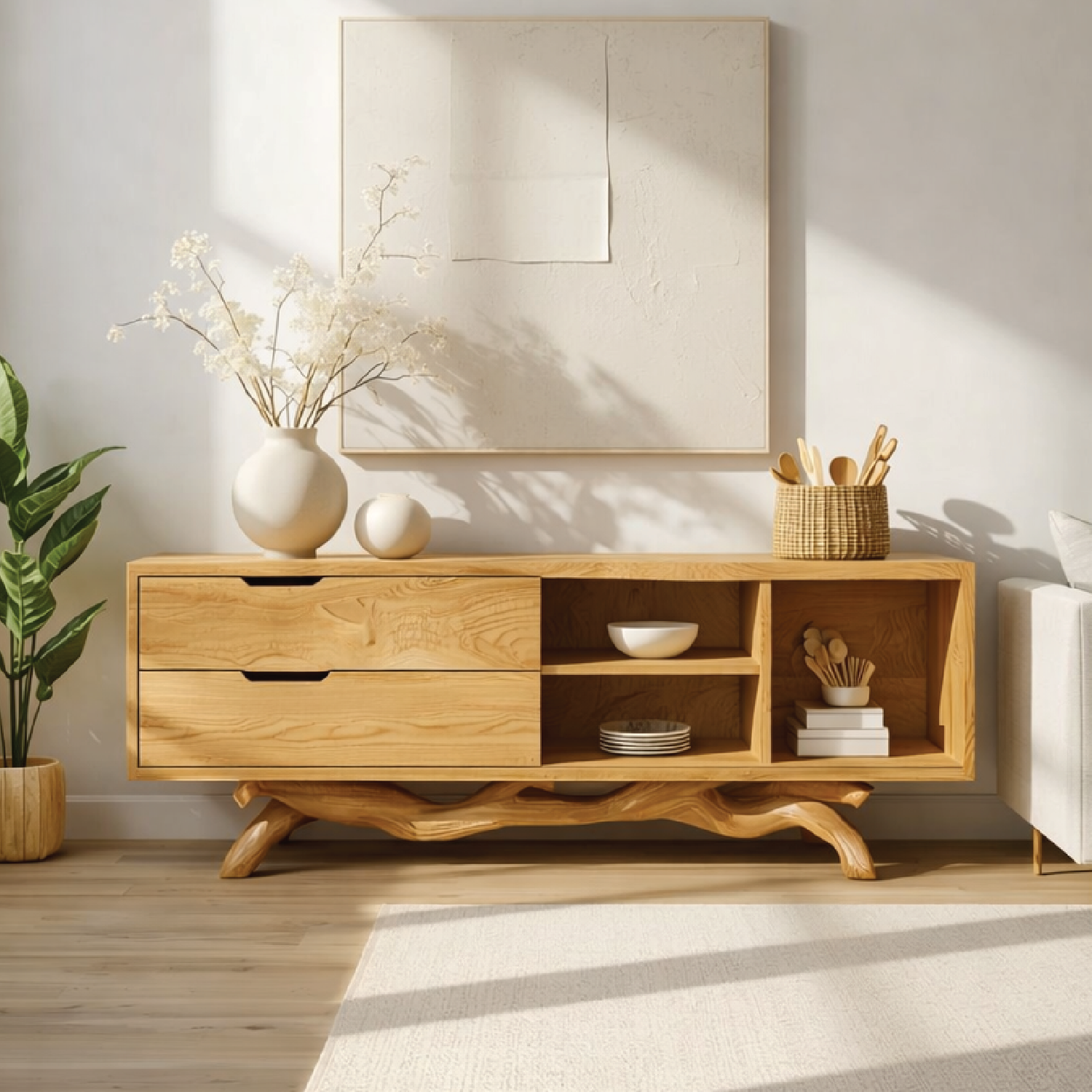 Modern Solid Wood Sideboard with Sculptural Base, Mid Century Storage Cabinet - view 1 of 8