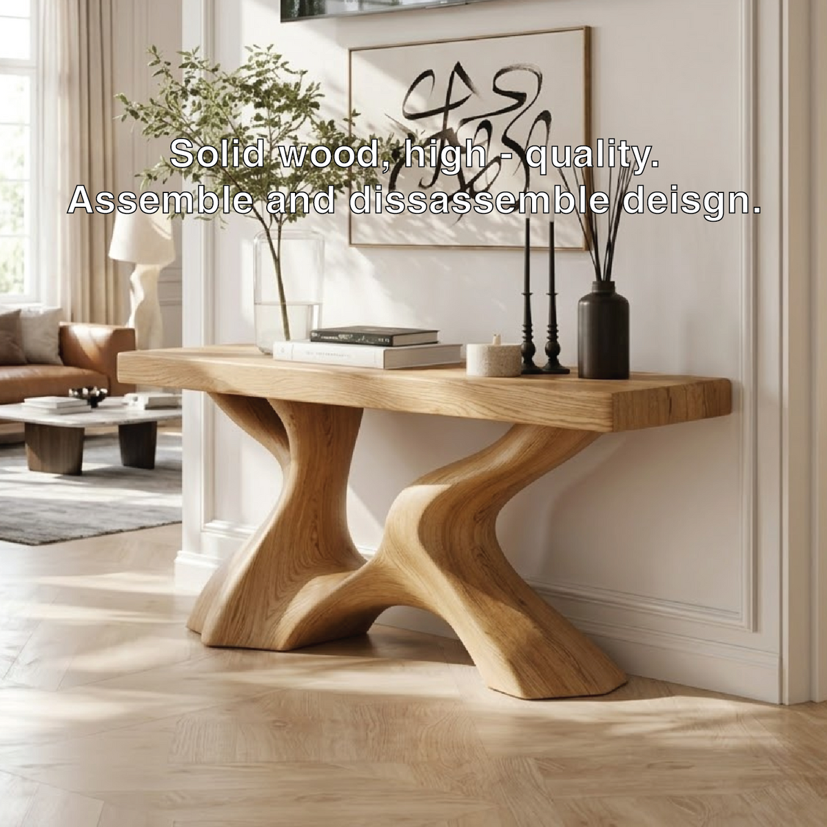 Solid Wood Console Table with Sculpted Curved Base, Modern Organic Design - view 6 of 7