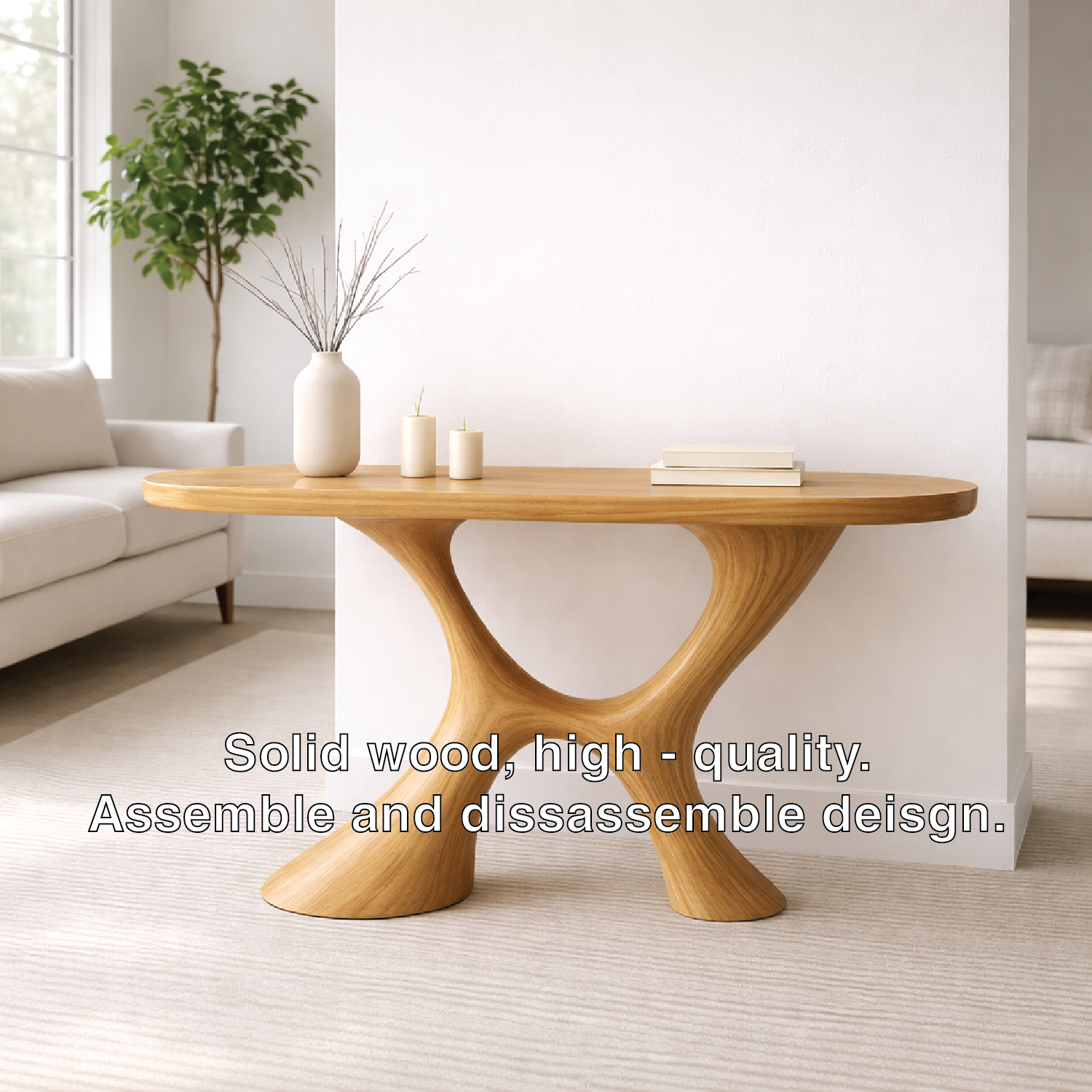 Modern Solid Wood Console Table, Sculptural Organic Base Entryway Hallway Oak Statement Furniture - view 3 of 7