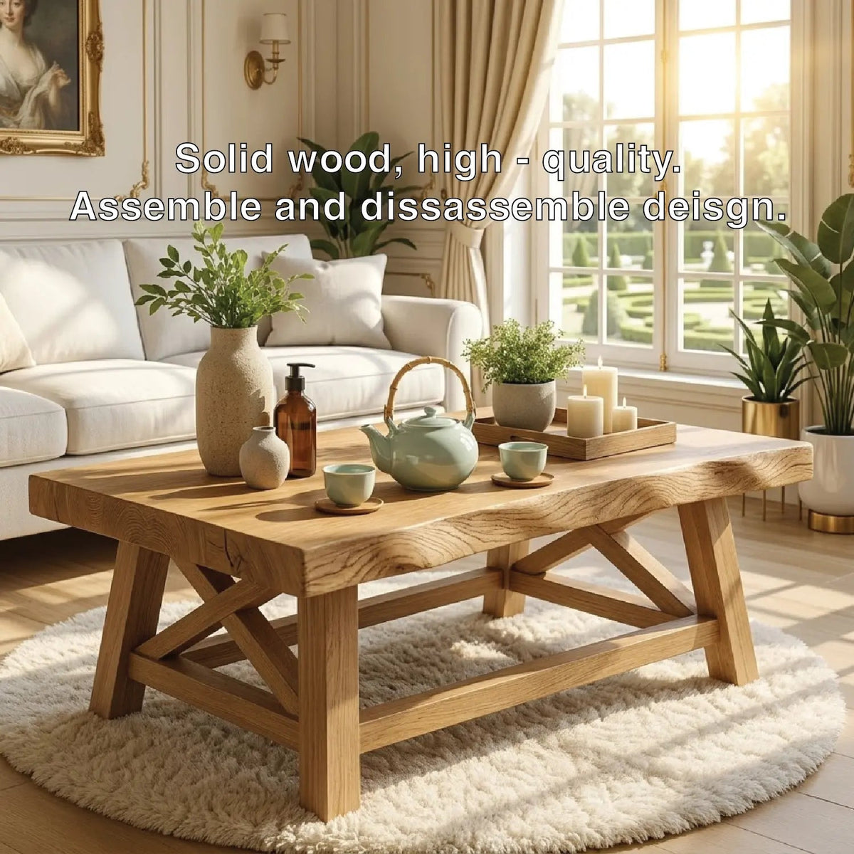 Handcrafted Wooden Coffee Table with X-Shaped Support, Natural Rustic Finish - view 6 of 7