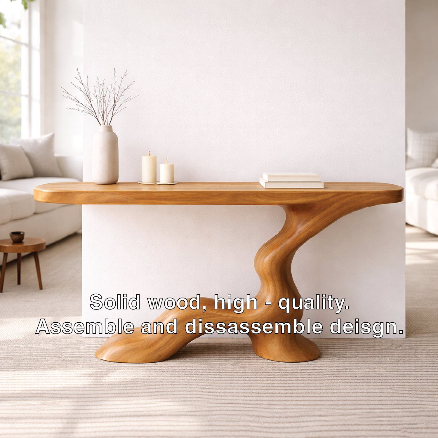 Modern Solid Wood Console Table, Sculptural Curved Base Entryway Hallway Walnut Statement Furniture - view 4 of 7