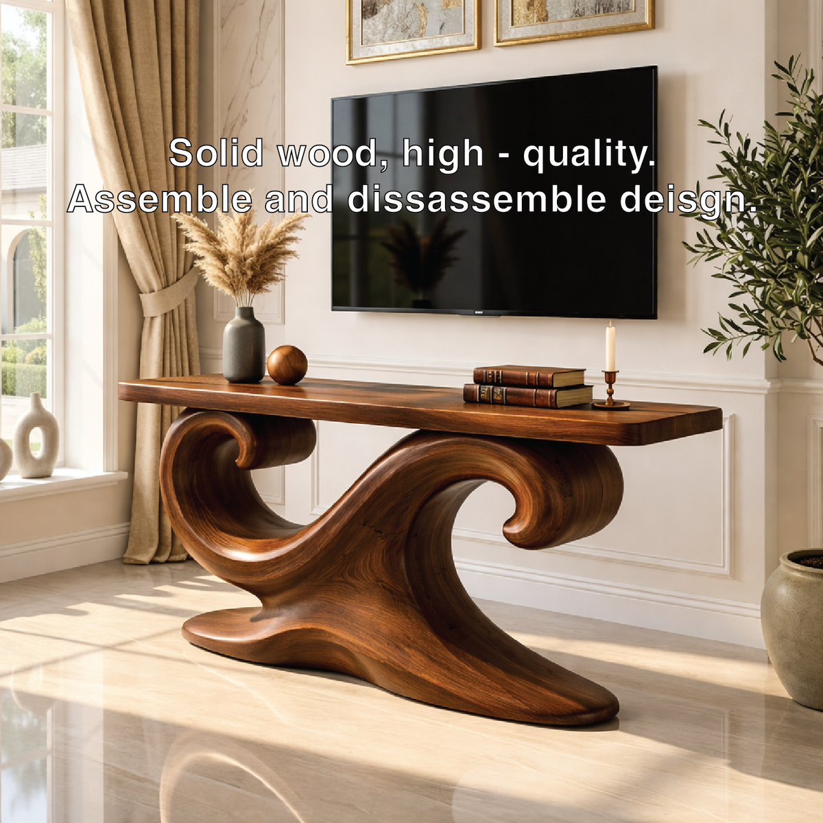 Solid Wood Console Table with Sculpted Curved Base, Artistic Modern Design - view 5 of 7