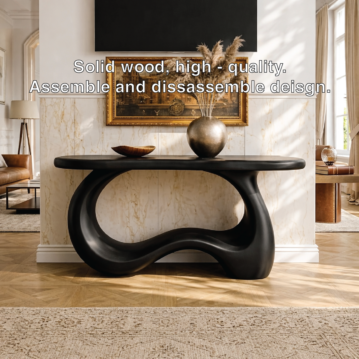 Solid Wood Console Table with Sculpted Curved Base, Modern Organic Design - view 6 of 7