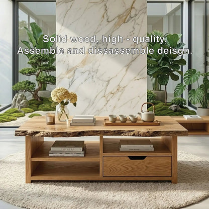 Live Edge Oak Coffee Table with Storage Drawer and Shelf, Solid Wood Living Room Table - view 6 of 7