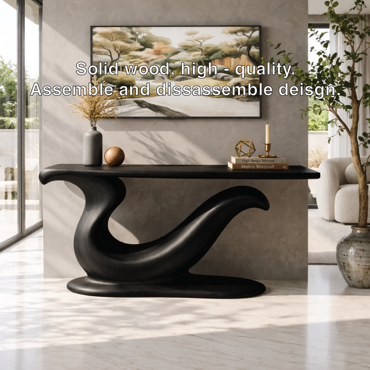 Solid Wood Console Table with Sculpted Curved Base, Modern Artistic Design - view 5 of 7