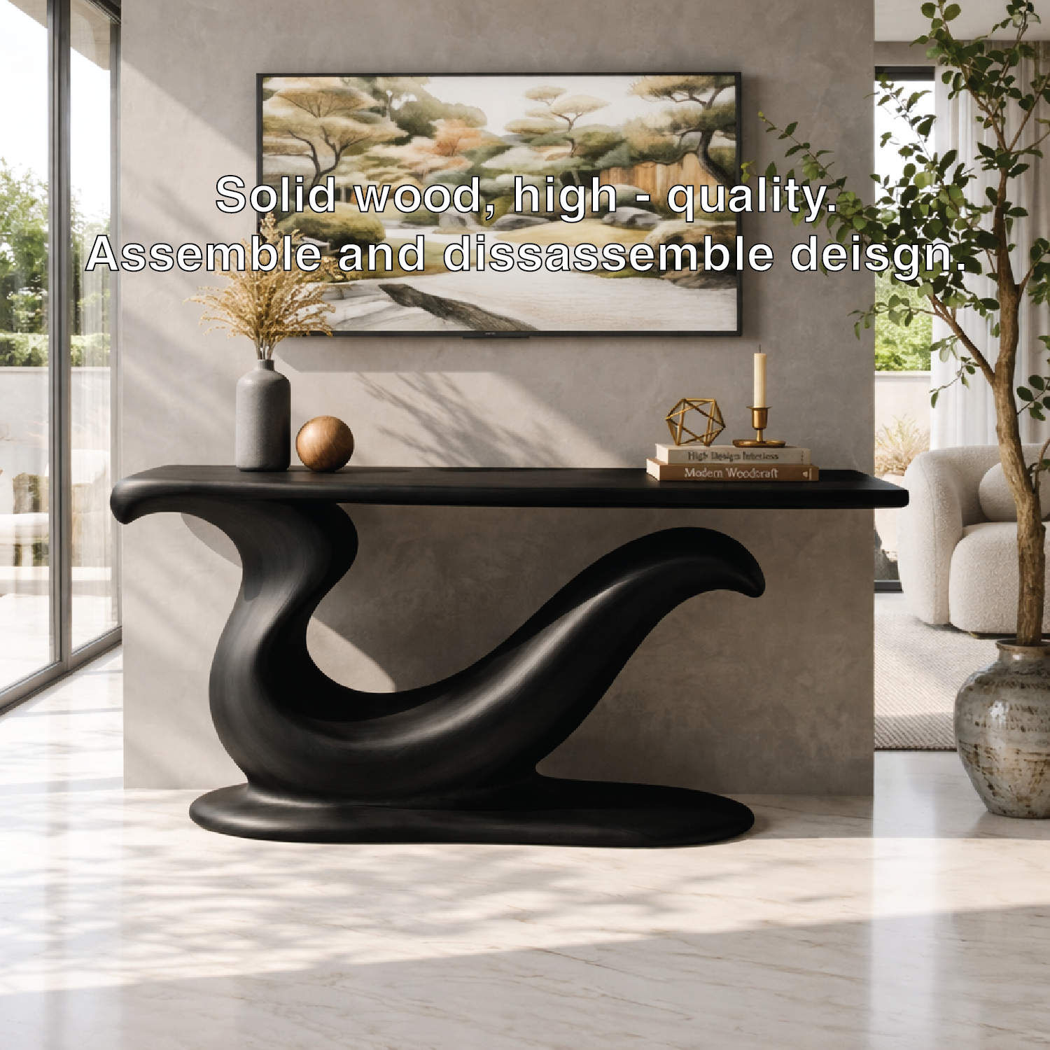 Solid Wood Console Table with Sculpted Curved Base, Modern Artistic Design - view 5 of 7