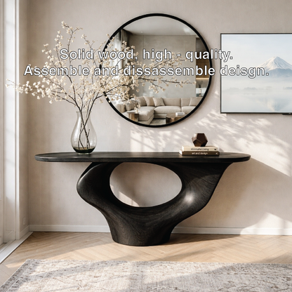 Solid Wood Console Table with Sculptural Base, Modern Minimalist Design - view 6 of 7