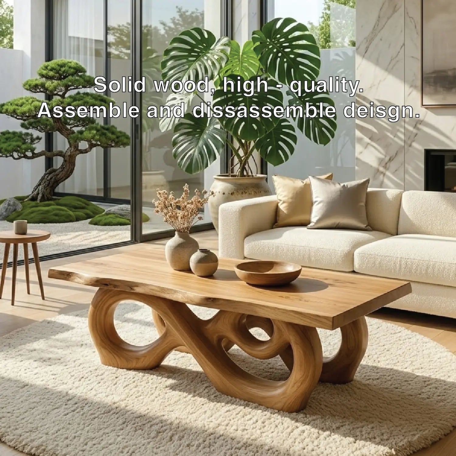 Sculptural Solid Wood Coffee Table with Artistic Carved Base, Modern Living Room Table - view 6 of 7