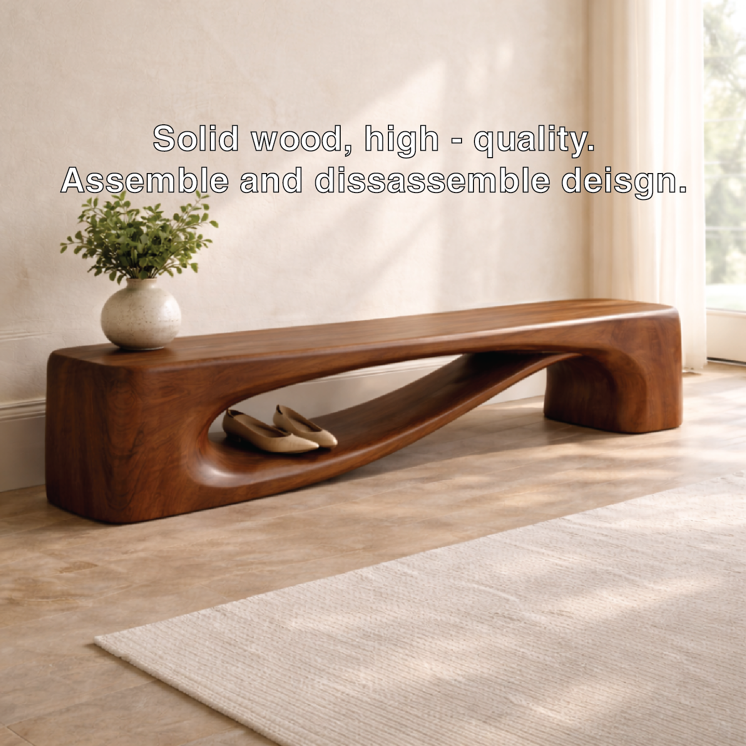 Modern Entryway Bench with Shelf Sculptural Hallway Seat Organic Statement Furniture - view 5 of 7