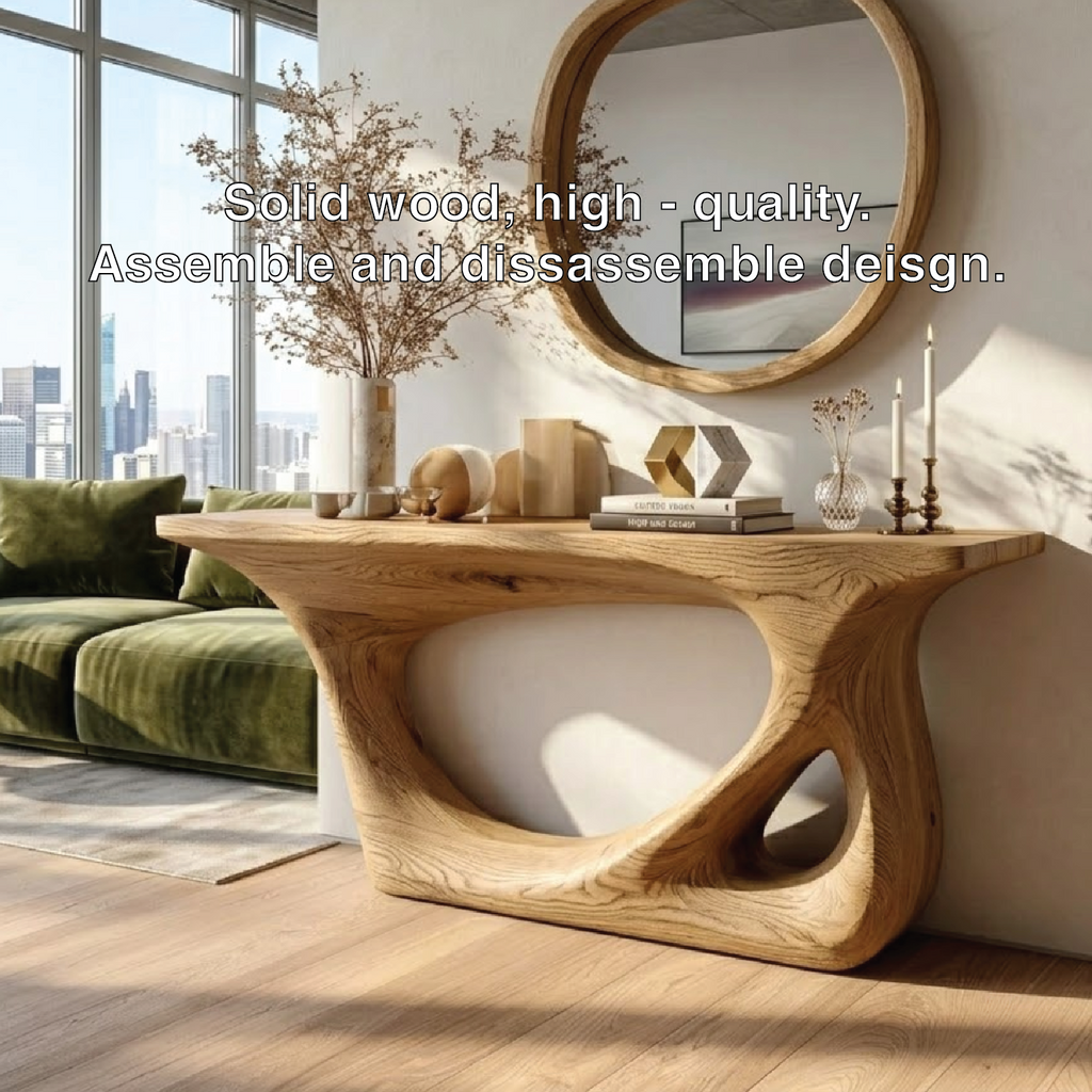 Modern Wooden Console Table with Round Mirror and Elegant Decor - view 6 of 7