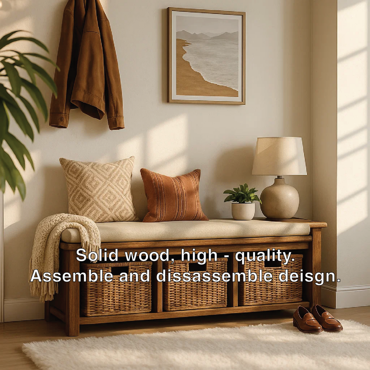 Solid Wood Entryway Bench with Woven Basket Storage, Rustic Hallway Organizer - view 3 of 7