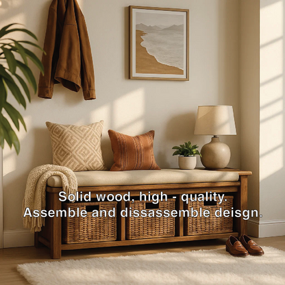 Solid Wood Entryway Bench with Woven Basket Storage, Rustic Hallway Organizer - view 3 of 7