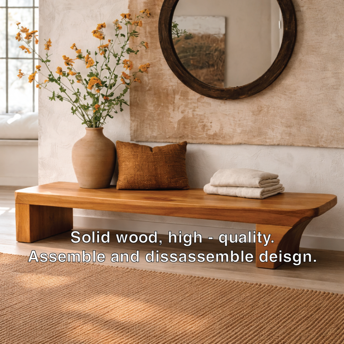 Solid Wood Low Profile Bench, Minimalist Modern Entryway Seating - view 6 of 7