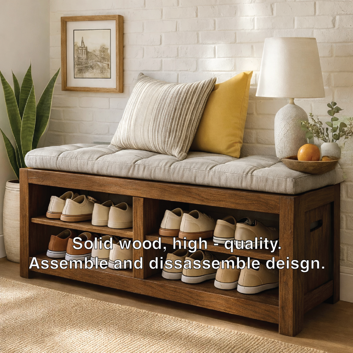 Solid Wood Entryway Bench with Shoe Storage Shelves, Rustic Hallway Organizer - view 2 of 7