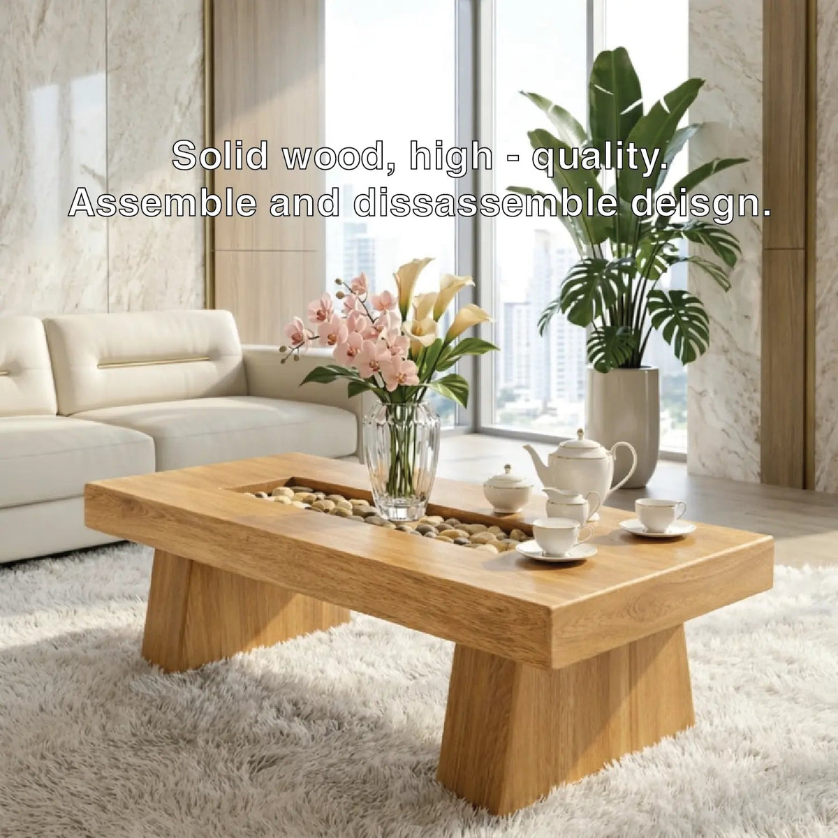 Rustic Wooden Coffee Table with Stone Inlay, Handmade Living Room Furniture - view 6 of 7