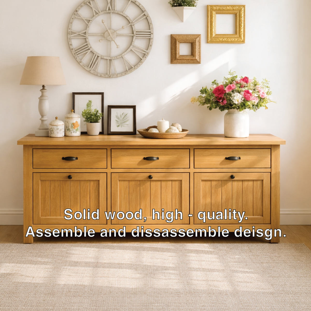 Solid Wood Sideboard Console Table with Drawers and Cabinet, Farmhouse Wood Buffet Storage Cabinet - view 3 of 7