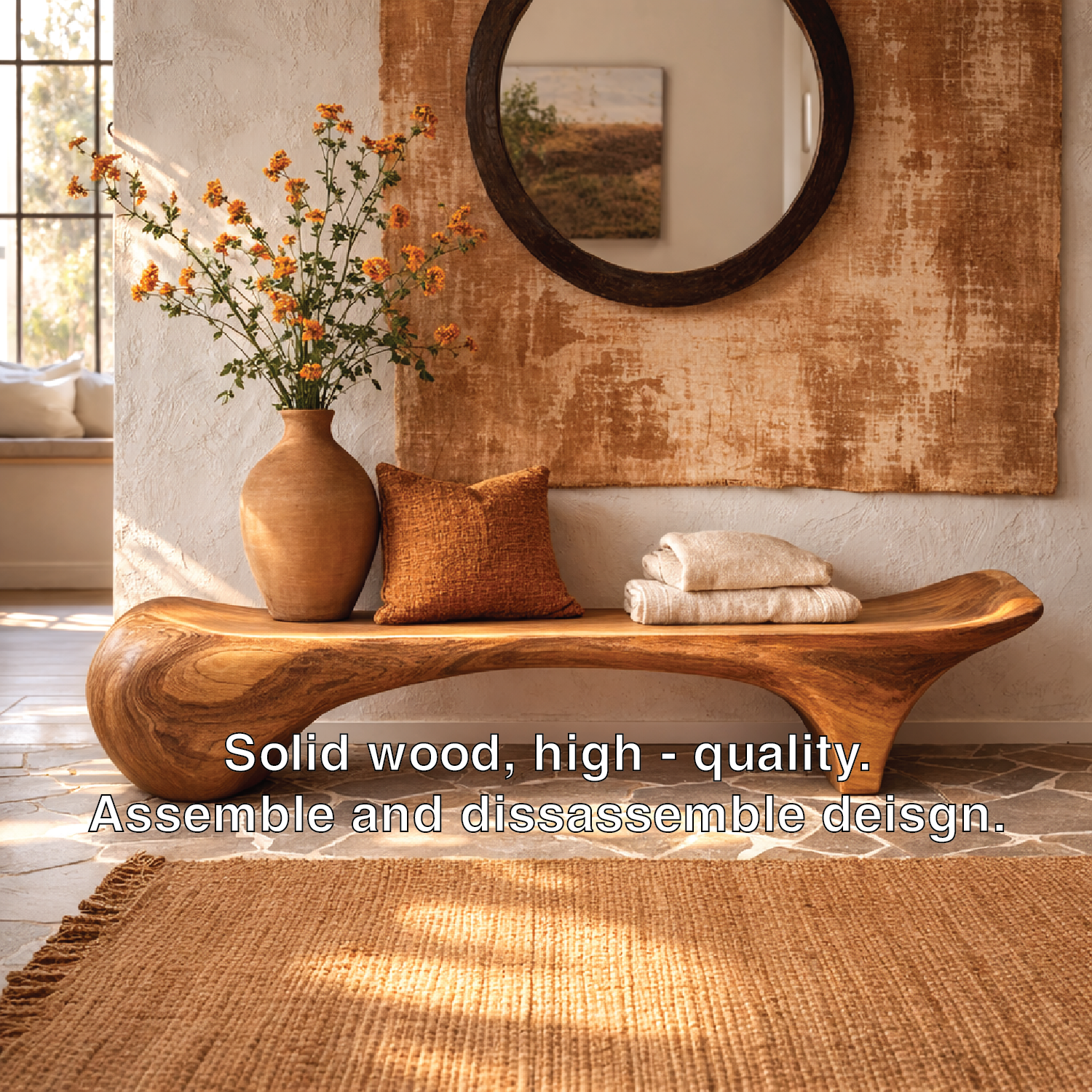 Sculptural Solid Wood Bench, Organic Modern Entryway Statement Seat - view 5 of 7