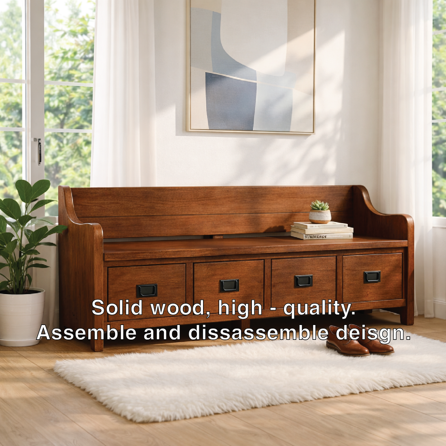Solid Wood Storage Bench with Drawers, Entryway Hallway Seating Cabinet - view 3 of 7