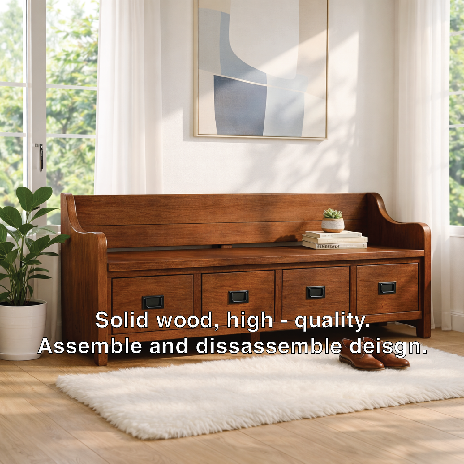 Solid Wood Storage Bench with Drawers, Entryway Hallway Seating Cabinet - view 3 of 7