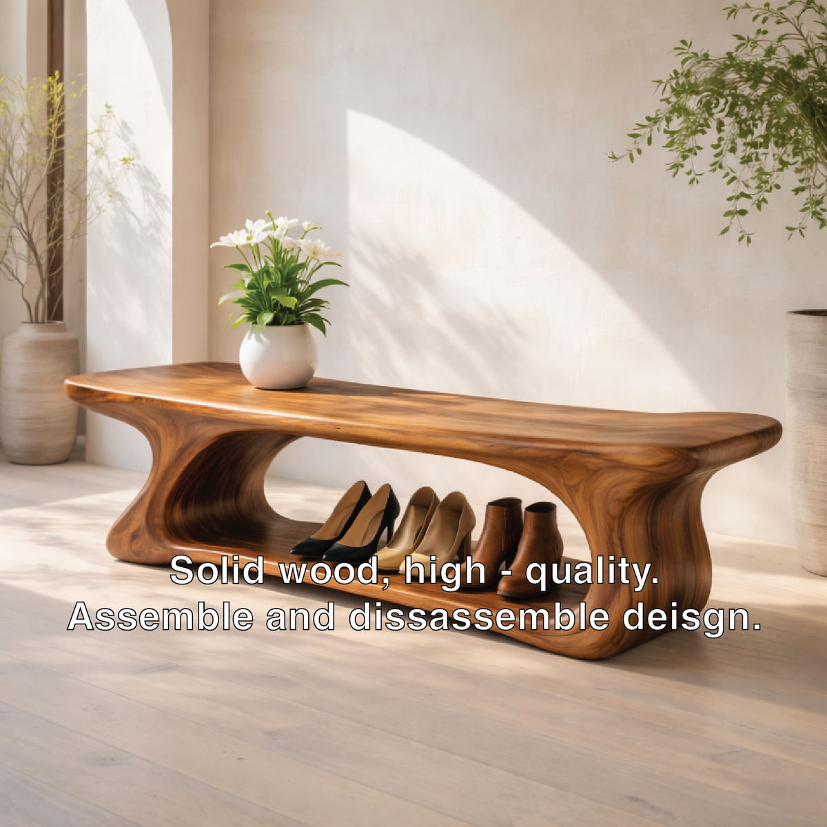 Sculptural Solid Wood Storage Bench, Modern Organic Entryway Shoe Bench - view 3 of 7