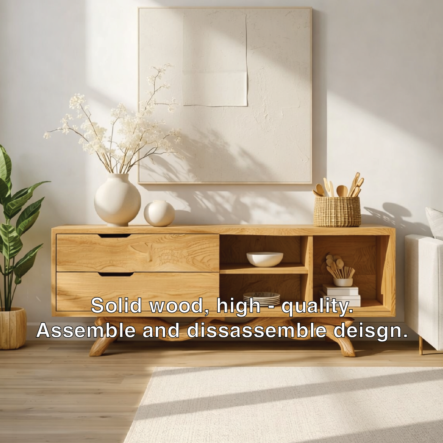 Modern Solid Wood Sideboard with Sculptural Base, Mid Century Storage Cabinet - view 3 of 8
