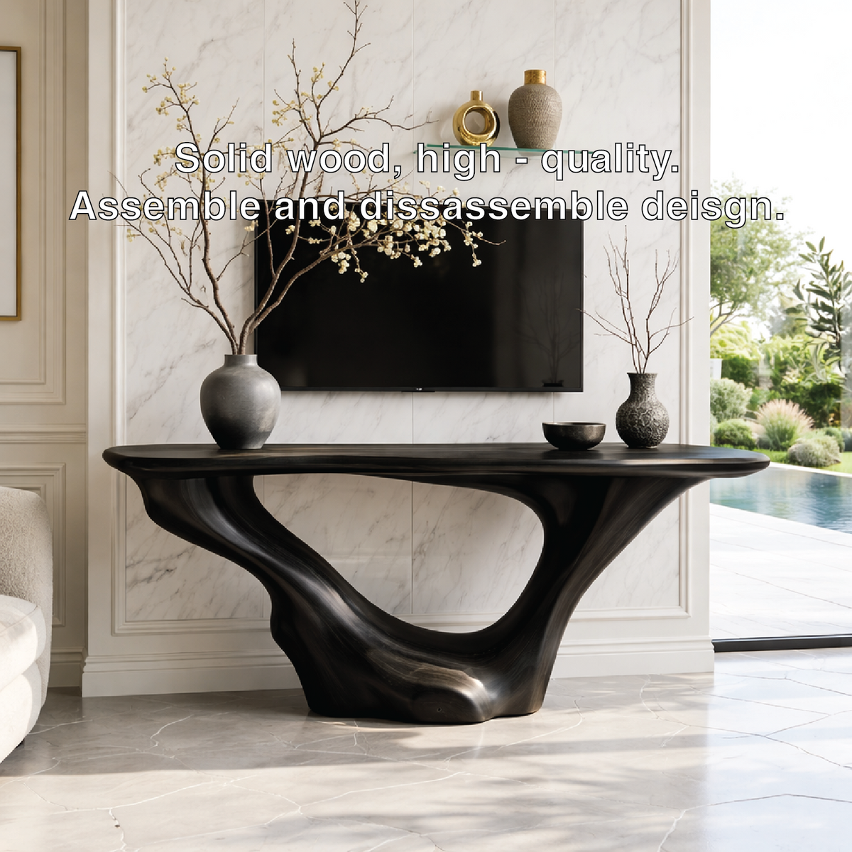 Solid Wood Console Table with Sculpted Curved Base, Modern Minimalist Design - view 5 of 7