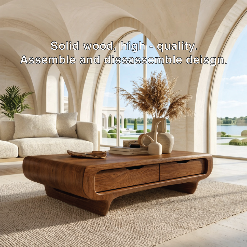 Modern Storage Coffee Table with Drawers, Rounded Minimalist Living Room Centerpiece - view 6 of 7