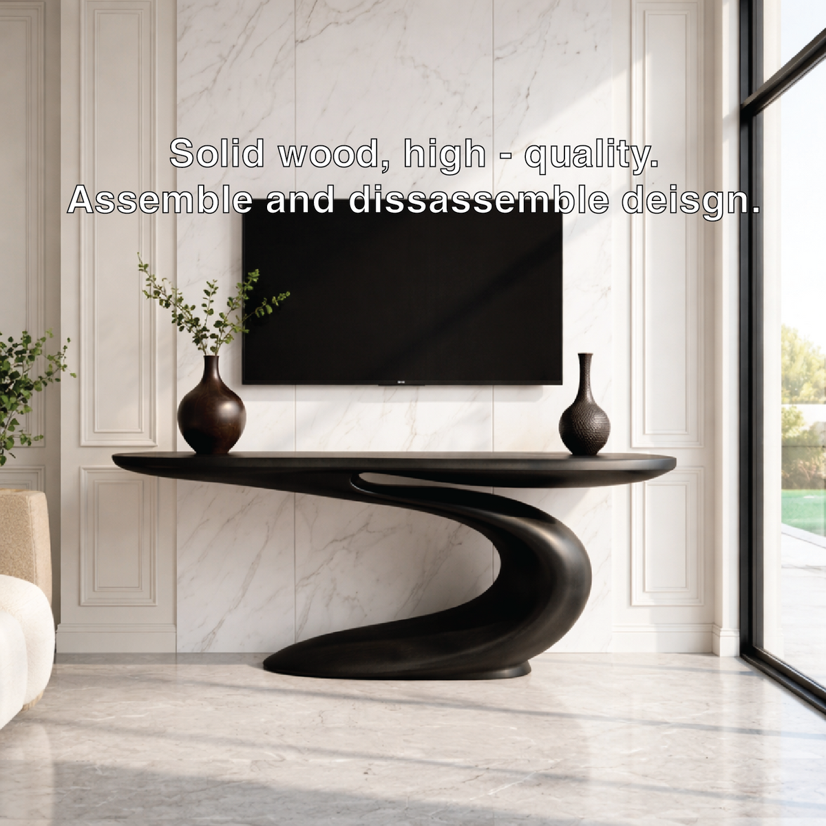 Solid Wood Console Table with Sculpted Curved Base, Modern Artistic Design - view 7 of 7