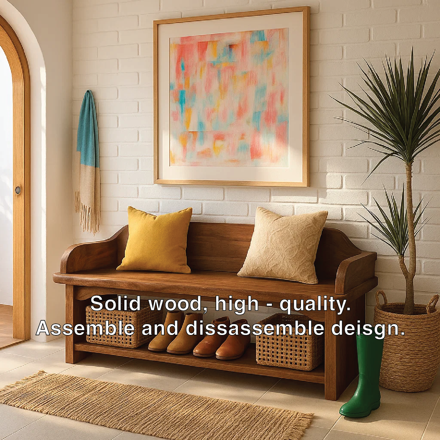 Solid Wood Entryway Bench with Armrests and Shoe Shelf Storage - view 5 of 7