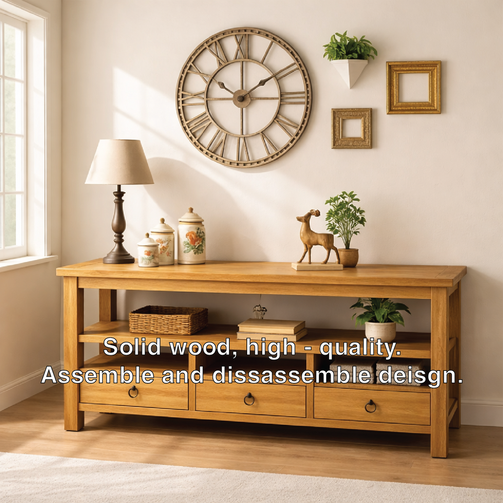 Solid Wood Console Table with Drawers, Rustic Oak Media Console Table with Open Shelves - view 3 of 6